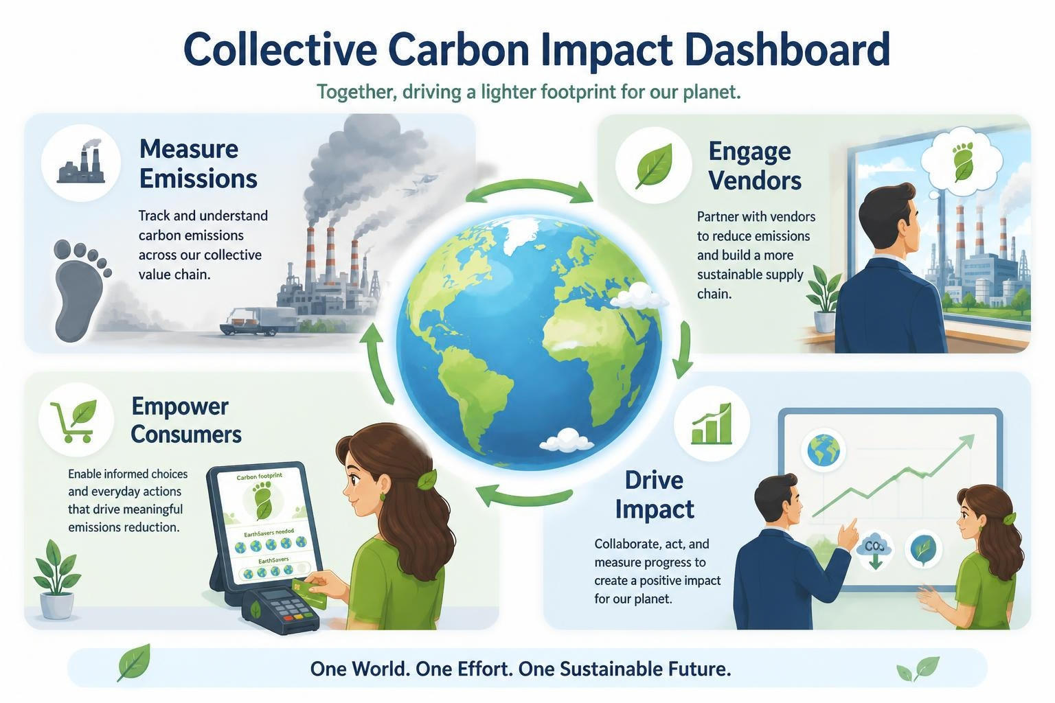 Collective Carbon Impact Dashboard, with Earth surrounded by four illustrated panels: Measure Emissions, tracking carbon emissions across the collective value chain; Engage Vendors, partnering to reduce emissions and build a sustainable supply chain; Empower Consumers, enabling informed choices and everyday actions for emissions reduction; and Drive Impact, collaborating and measuring progress for the planet. The impact panel shows a rising progress graph. The closing message reads: One World. One Effort. One Sustainable Future.