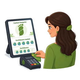 Illustration of a woman purchasing EarthSavers with a payment card.